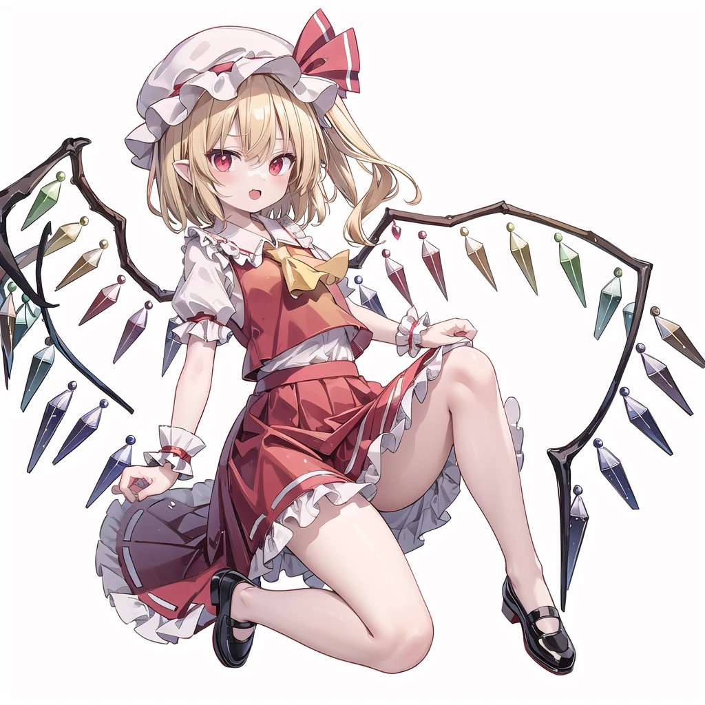 (((one women))),(((flandre scarlet))),(touhou), red eyes, short hair, medium hair, blonde hair, one side up, red eyes, slit pupils, fang, wings, crystal, white headwear, mob cap, red vest, white shirt, collared shirt, frilled shirt collar, yellow ascot, puffy short sleeves, frilled sleeves, wrist cuffs, red skirt, skirt set, frilled skirt, red ribbon, hat ribbon, back bow, white bow, laevatein (touhou), holding,(((full body))),(((model posing))),(((white background))),(((Diagonal angle)))