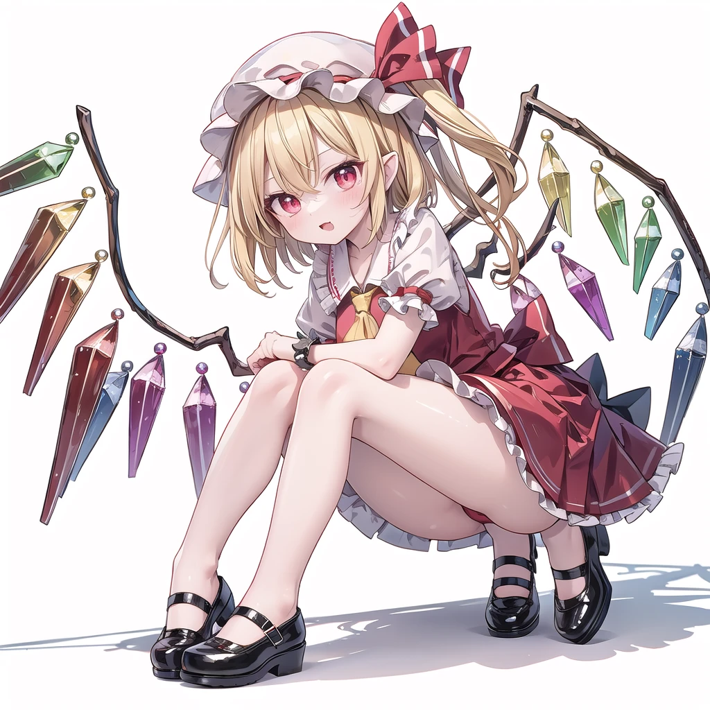 (((one women))),(((flandre scarlet))),(touhou), red eyes, short hair, medium hair, blonde hair, one side up, red eyes, slit pupils, fang, wings, crystal, white headwear, mob cap, red vest, white shirt, collared shirt, frilled shirt collar, yellow ascot, puffy short sleeves, frilled sleeves, wrist cuffs, red skirt, skirt set, frilled skirt, red ribbon, hat ribbon, back bow, white bow, laevatein (touhou), holding,(((full body))),(((model posing))),(((white background))),(((Diagonal angle)))