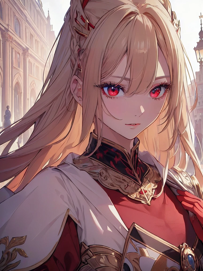 (Uhd, Masterpiece, Textured Skin, Super Detail, High Details, High Quality, Best Quality), ((long, lush hair)), ((elegant outfit)), impressive pose, ((red eyes)), ((detailed red eyes)), ((The background is in front of a royal palace)), ((light blonde hair, with pink spots at the ends of her hair), Attractive make-up, scenery, High definition, retina, work of art, precise, anatomical, scientifically correct, Textured skin, super detail, highly detailed, high quality, award-winning, maximum quality, high definition, 1080P, high definition, 4k, 8k, 16k