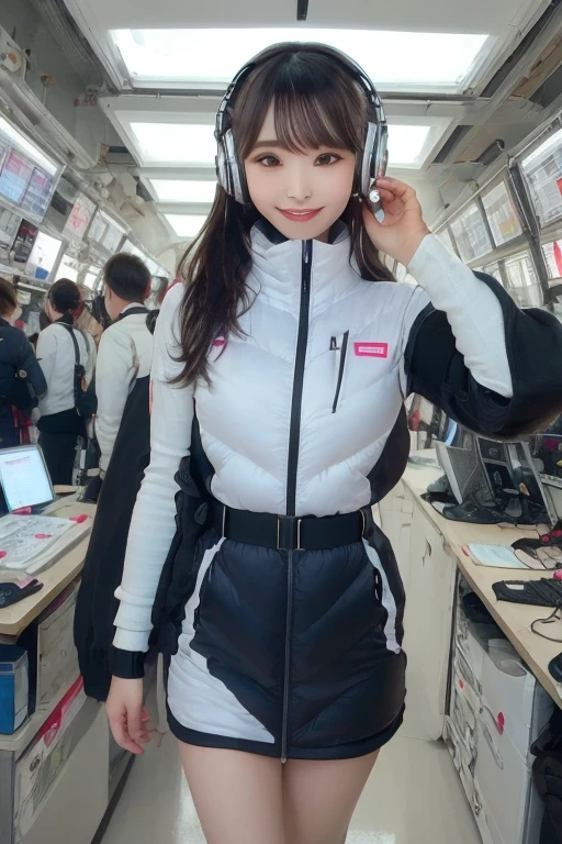 masterpiece, Highest quality, Very detailed, 8K Portrait,Japanese Android Girl,plump , Control panel,Robotic arms and legs, Blunt bangs,,break (Metallic Gray, Metallic luster, Mirror finish, Astro Best):5,headphone:5,break (Black sleeves):100,Smart Watches,Futuristic space station,Control Room,break headphone,blue eyes,(Black Hair):2,(Long Hair):1.3,Displaying the viewer,(respirator),break blush:3,Hidden Hand,smile