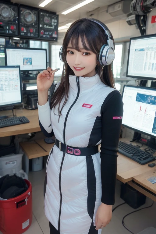 masterpiece, Highest quality, Very detailed, 8K Portrait,Japanese Android Girl,plump , Control panel,Robotic arms and legs, Blunt bangs,,break (Metallic Gray, Metallic luster, Mirror finish, Astro Best):5,headphone:5,break (Black sleeves):100,Smart Watches,Futuristic space station,Control Room,break headphone,blue eyes,(Black Hair):2,(Long Hair):1.3,Displaying the viewer,(respirator),break blush:3,Hidden Hand,smile