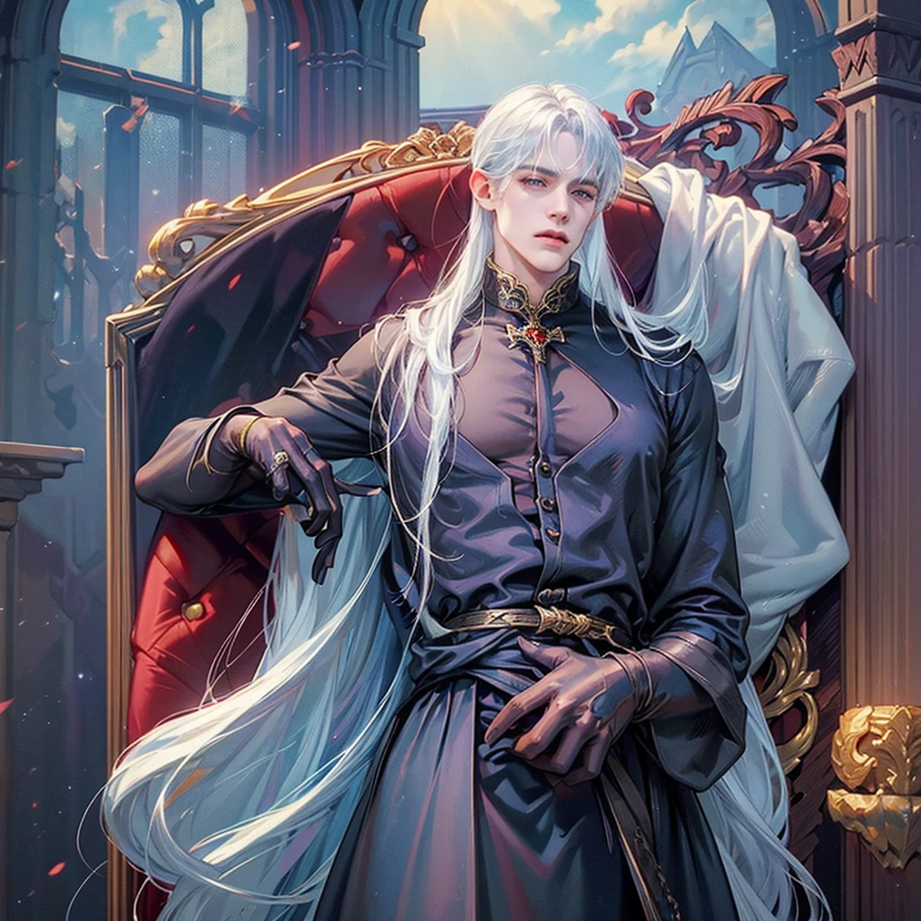 ((Best Quality)), ((masterpiece)), (Detailed), ((perfect face)), ((half body)) ,bruce wane, beautiful face, male, teenage boy, perfect proportions , a male character hero from vampire saviour comics in a gnostic outfit, together, incubus, vampire, dark layer, dark castle, Detailed scenery background