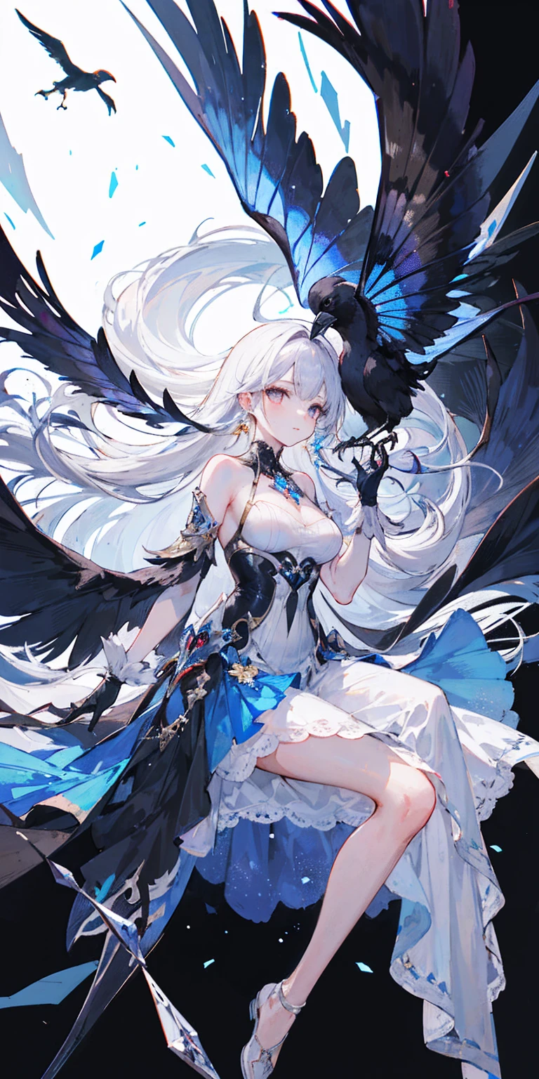 Big Perspective,Wide Angle,Impactful graphics,floating,sideways,Character Close-up,4K,masterpiece,best quality,ruins,(Transparent skirt,black background),Clear,master,Various actions,Full body portrait,portrait,1 female, (Mature),Long face,Pointed face,White long hair,Fairy,gemstone crow,Wings Dress, Mecha,Fairy air,ribbon, diamond, Bare shoulders, crow, Looking at the audience, in the sky, fLight, Vibrant colors, Light, masterpiece, best quality, flight,Mature,asymmetrical clothes,HighLights,Long skirt,Own,Personal Photography