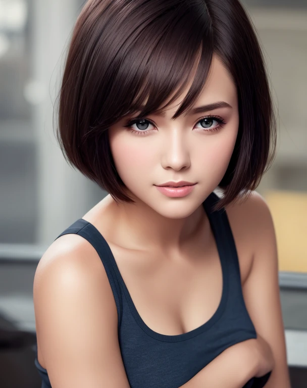 best quality, Ultra-high resolution, (Reality: 1.4), beautiful Eyes, Super beautiful, Very short hair, beautiful, Honey, Big chest T-shirt, beautiful Soldier, Attract the audience&#39;s eyes, lover&#39;s perspective, Invitation to express, Sexy smile, Perfect style, Perfect balance, Delicate skin, Naughty eyes, Visible chest