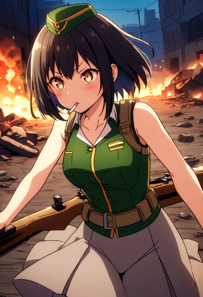 Highest quality、high resolution、Detailed Description、Detailed Background、Accurate depiction、tank、tank娘、Personification、tankのPersonification、animeスタイル、anime、girl、uniform、battle服、military cap、battlefield、rubble、黒cigarette、cigarette、Hold the rifle、Black Short Hair、Sharp Eye、cute、night、battle