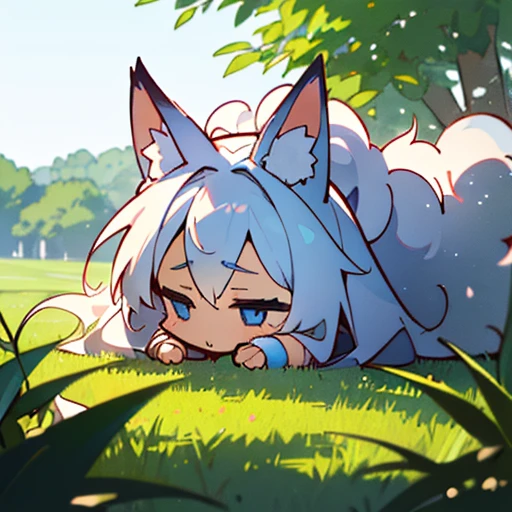 (best quality,4k,8k,highres,masterpiece:1.2),ultra-detailed,(realistic,photorealistic,photo-realistic:1.37),cute,solo girl with white long wavy hair,blue eyes,fox ears,fluffy fox tail,summer time in Japan,beautiful garden scenery,lush greenery,colorful
