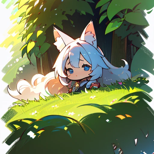 (best quality,4k,8k,highres,masterpiece:1.2),ultra-detailed,(realistic,photorealistic,photo-realistic:1.37),cute,solo girl with white long wavy hair,blue eyes,fox ears,fluffy fox tail,summer time in Japan,beautiful garden scenery,lush greenery,colorful