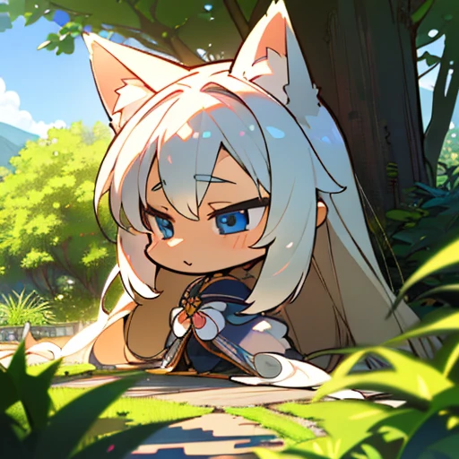(best quality,4k,8k,highres,masterpiece:1.2),ultra-detailed,(realistic,photorealistic,photo-realistic:1.37),cute,solo girl with white long wavy hair,blue eyes,fox ears,fluffy fox tail,summer time in Japan,beautiful garden scenery,lush greenery,colorful
