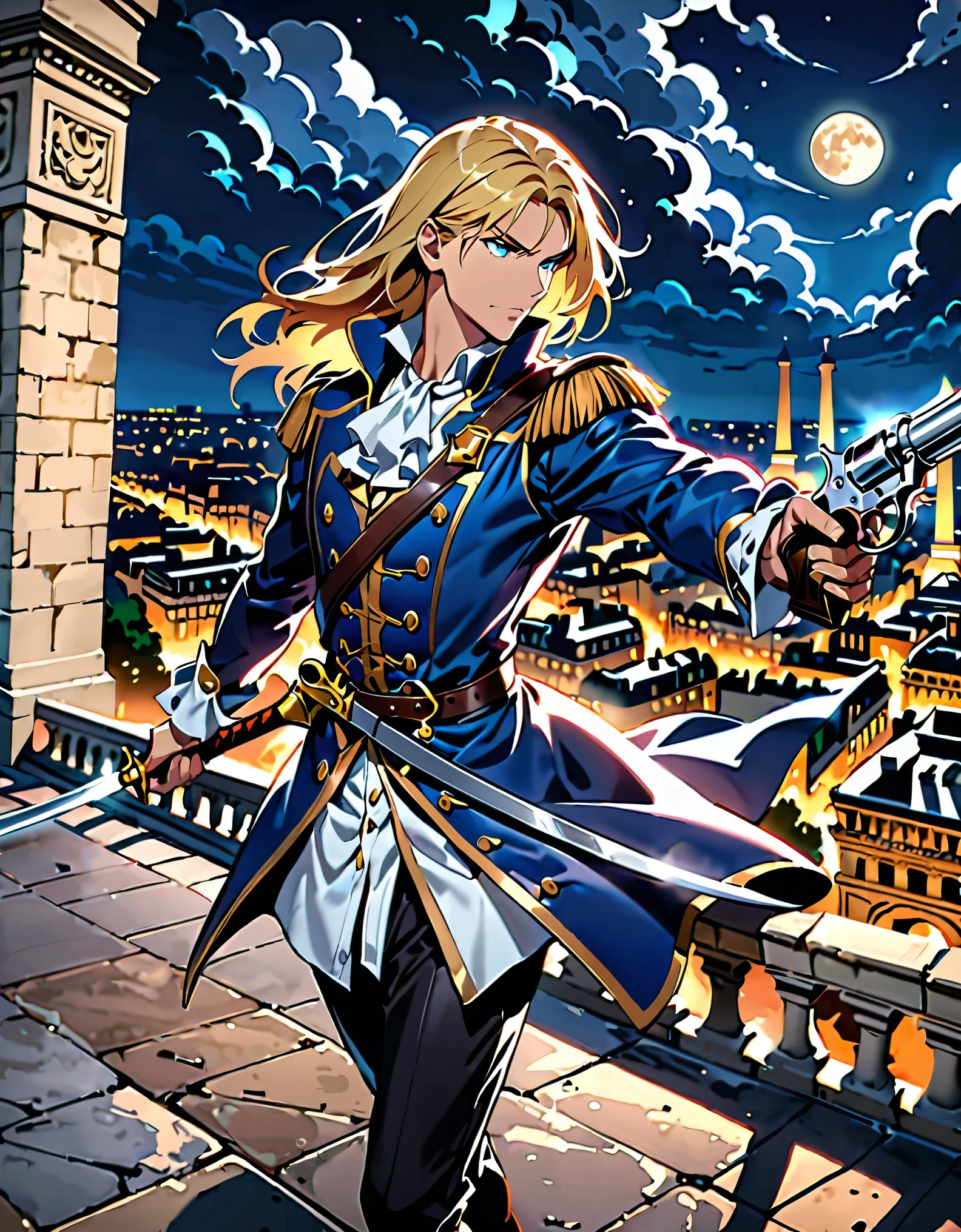 (masterpiece), (best quality), (hires), 1man, solo, solo focus, male focus, dynamic action pose, handsome french male, musketeer, gentleman, holding weapon, cybernetic limbs, holding gun, holding and aiming a flintlock pistol with one hand, muzzle flash, blonde hair, medium hair, hair down, blue eyes, (wearing edgmousquetaire) fencing sword, sheath, looking away, modern paris, night, outdoors, rooftop, ledge, arc de triomphe, full moon