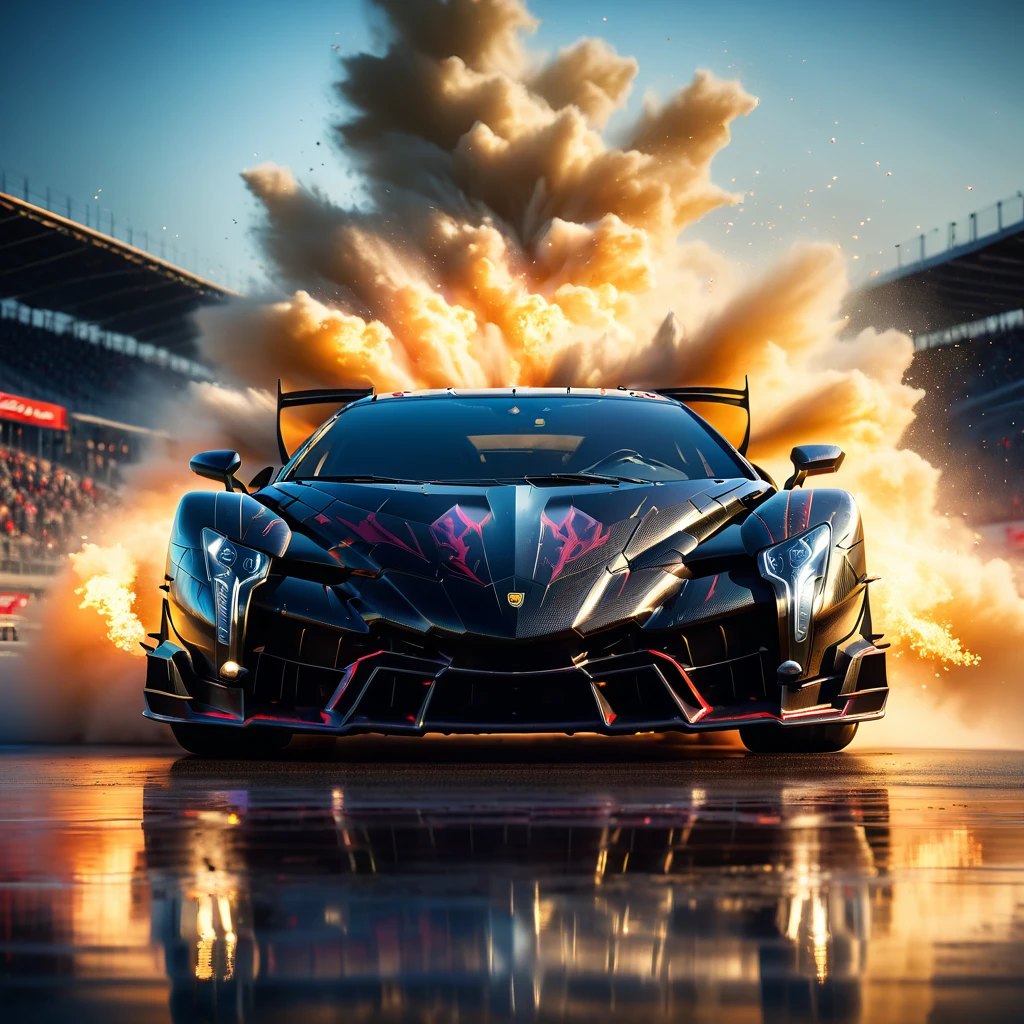Amazing 3D views in a racetrack a highly detailed, photorealistic, 8k image of a lamborghini veneno, glossy black paint, intricate carbon fiber body, dynamic low angle view, dramatic lighting, cinematic composition, hyperrealistic details, in a big race, flames and explotions