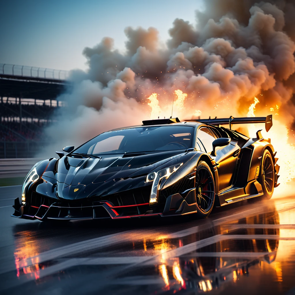 Amazing 3D views in a racetrack a highly detailed, photorealistic, 8k image of a lamborghini veneno, glossy black paint, intricate carbon fiber body, dynamic low angle view, dramatic lighting, cinematic composition, hyperrealistic details, in a big race, flames and explotions