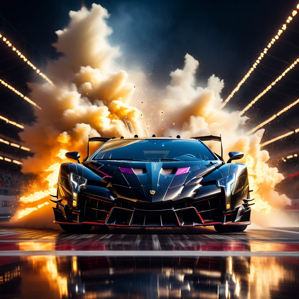Amazing 3D views in a racetrack a highly detailed, photorealistic, 8k image of a lamborghini veneno, glossy black paint, intricate carbon fiber body, dynamic low angle view, dramatic lighting, cinematic composition, hyperrealistic details, in a big race, flames and explotions
