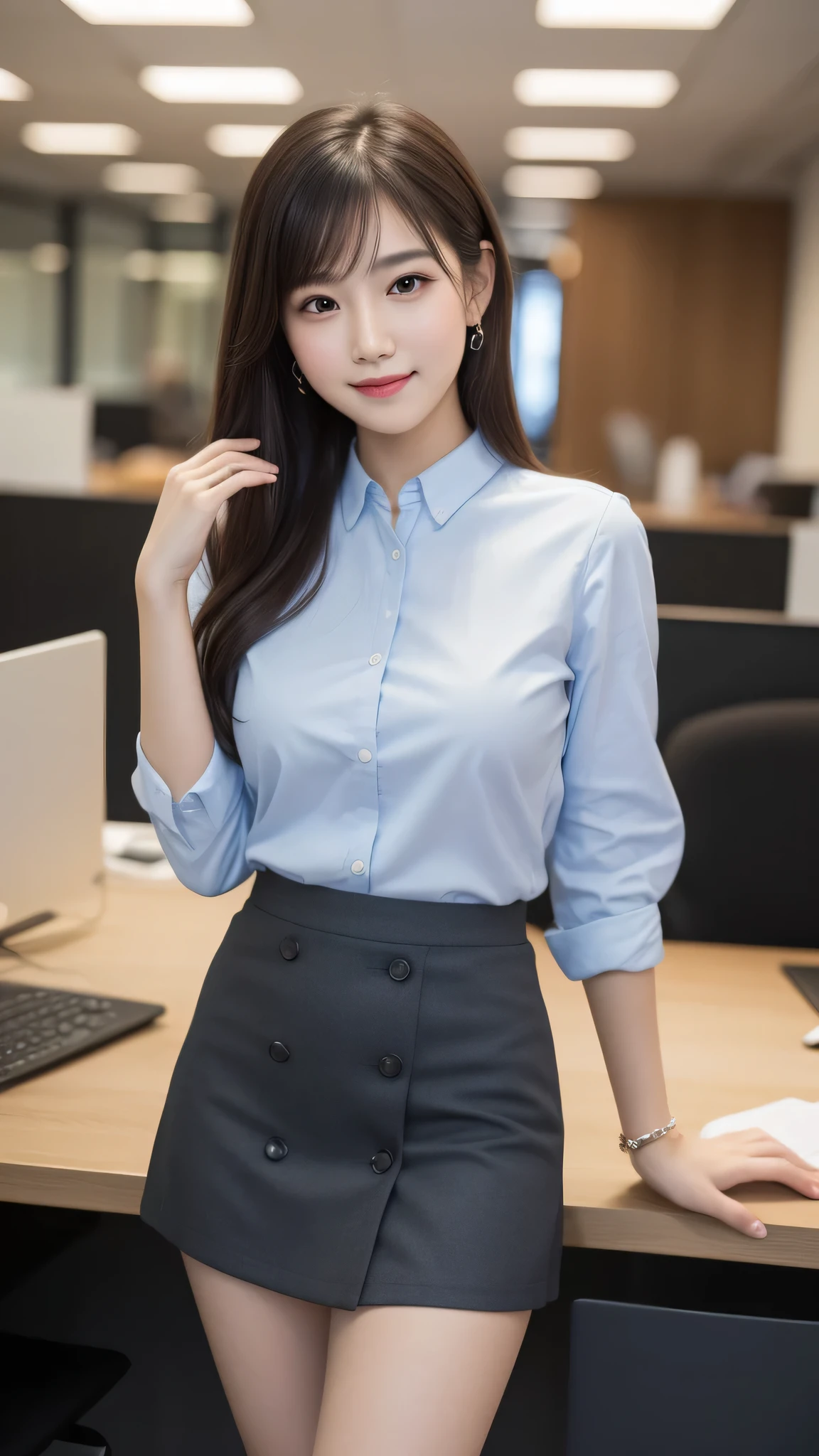 (1girl), kawaii, (round eyes:1.2), (highly detailed face), smile, Amazing face and eyes, (Best Quality:1.4), (Ultra-detailed), (extremely detailed CG unified 8k wallpaper), Highly detailed, High-definition raw color photos, Professional Photography, Realistic portrait, Amazing face and eyes, indoors, office, (office lady, casual, mini Skirt:1.3), (A moment of relaxation), model, depth of fields, (fine face:1.2),