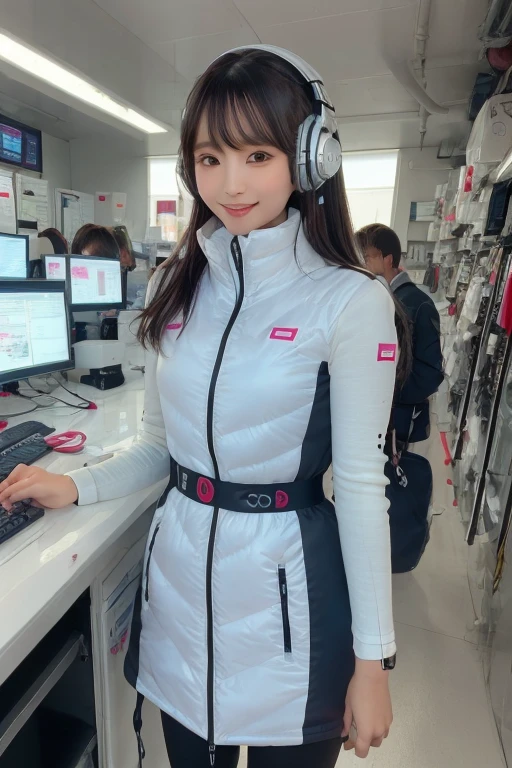 masterpiece, Highest quality, Very detailed, 8K Portrait,Japanese Android Girl,plump , Control panel,Robotic arms and legs, Blunt bangs,,break (Metallic Gray, Metallic luster, Mirror finish, Astro Best):5,headphone:5,break (Black sleeves):100,Smart Watches,Futuristic space station,Control Room,break headphone,blue eyes,(Black Hair):2,(Long Hair):1.3,Displaying the viewer,(respirator),break blush:3,Hidden Hand,smile