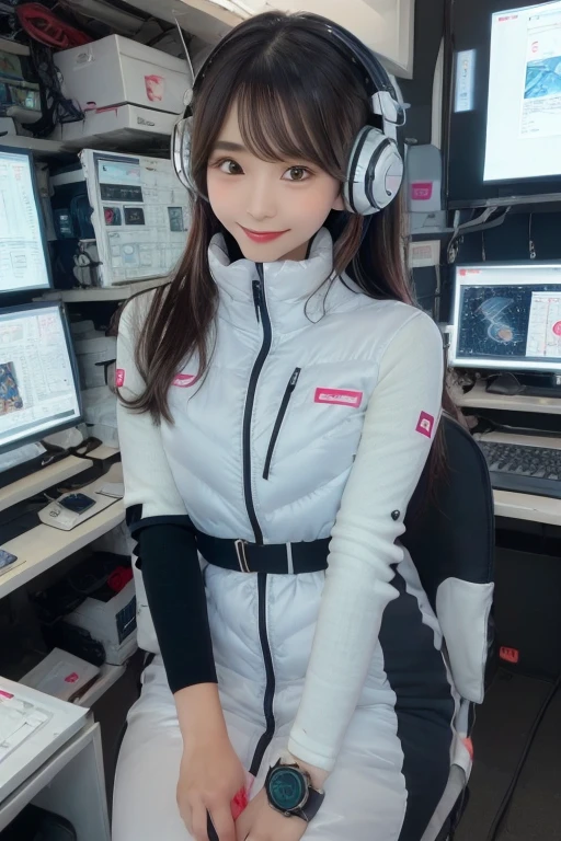 masterpiece, Highest quality, Very detailed, 8K Portrait,Japanese Android Girl,plump , Control panel,Robotic arms and legs, Blunt bangs,,break (Metallic Gray, Metallic luster, Mirror finish, Astro Best):5,headphone:5,break (Black sleeves):100,Smart Watches,Futuristic space station,Control Room,break headphone,blue eyes,(Black Hair):2,(Long Hair):1.3,Displaying the viewer,(respirator),break blush:3,Hidden Hand,smile