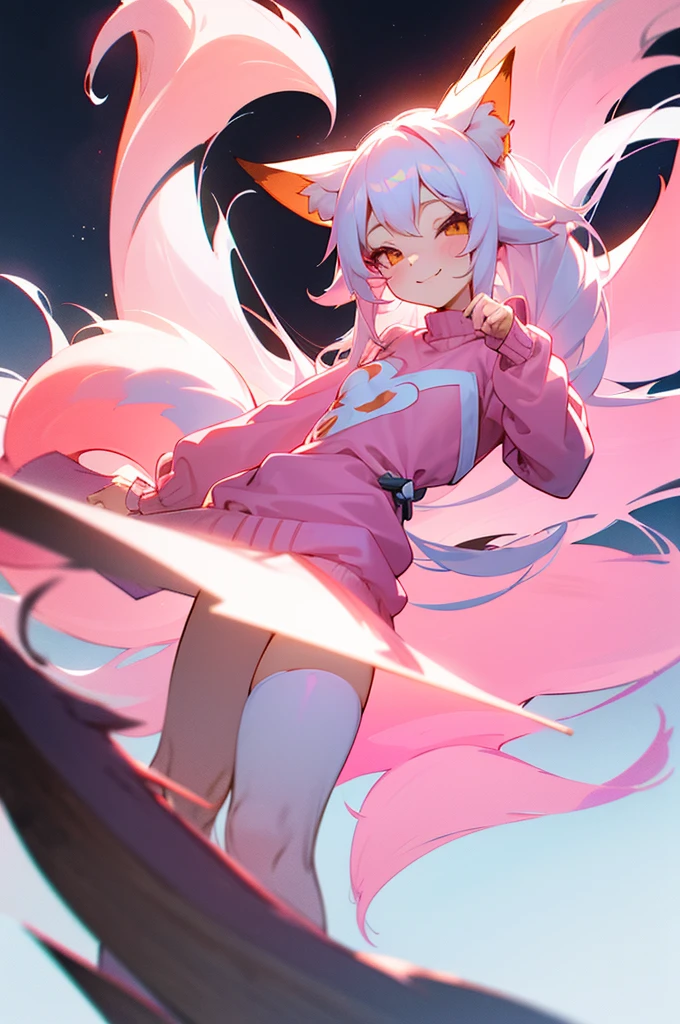 1girl,   body, small breast, fox girl, fox ears, kitsune, kitsune tails, white hair long, hair, flowy hair, prtty girl, pink nit sweater, cute pose, kawaii, cute pose, winking, bending over, big smile, plain background, white background, half body composition, standing pose, soft colors,