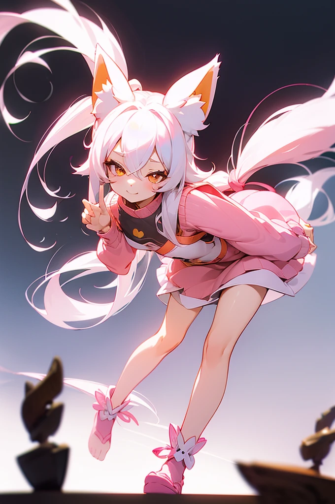 1girl,   body, small breast, fox girl, fox ears, kitsune, kitsune tails, white hair long, hair, flowy hair, prtty girl, pink nit sweater, cute pose, kawaii, cute pose, winking, bending over, big smile, plain background, white background, half body composition, standing pose, soft colors,