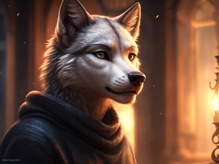 female artic wolf, freckles, bipedal, wearing black sweater, jeans, beautiful detailed eyes, beautiful detailed lips, extremely detailed eyes and face, long eyelashes, realistic, photorealistic, photo-realistic:1.37, (best quality,4k,8k,highres,masterpiece:1.2),ultra-detailed,(realistic,photorealistic,photo-realistic:1.37),fantasy,conceptart,cgsociety,cinematic lighting,dramatic lighting,warm color tones,depth of field,hyper detailed