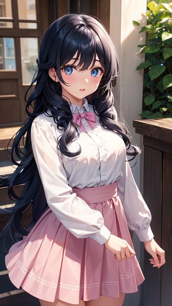 girl,cute,long hair,blue eyes,Skin color,blue black hair,Wearing a western ,light pink cheeks,rose colored lips,Curly eyelashes,Good shape,Medium bust,Wear an A-line skirt.