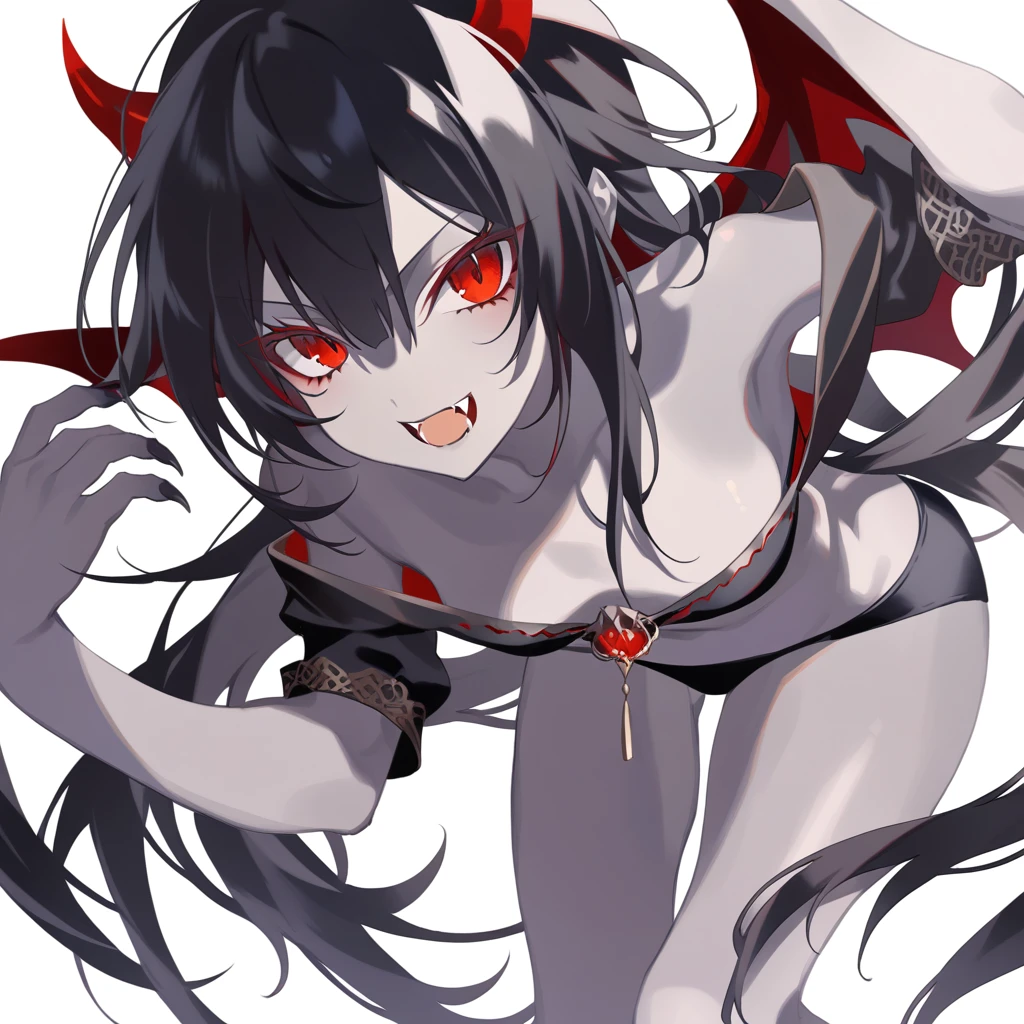 a vampire anime character character with beige skin tone with long black hair with bangs red eyes and vampire fangs, with black swimwear super detailed image white empty background high quality, awardwinning, high resolution, 8K 2d drawing