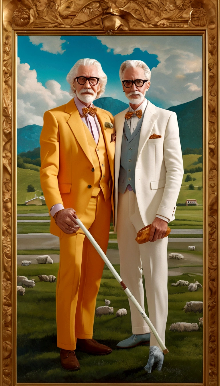 ((((super high quality)))), ((8K)), ((135mm sony lens)), Colonel Sanders, KFC, an old man, grey hair, white formal suit, smile in happiness, walking stick in his right hand, full body photo, Kentucky state in the background, early 70s era, (((wes anderson color grade))) The painting must capture the multifaceted and energetic essence of a metalhead Gemini, showing duality, creativity and intense passion for music. The scene must be rich in symbolism, representing the vibrant personality of a Gemini while incorporating elements of metal culture, suggesting the fusion of intellectuality and rebellion.