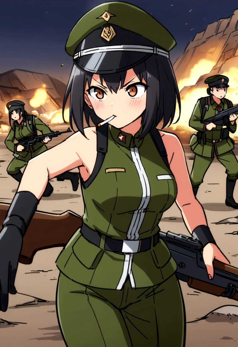 tankの砲塔を模した装具、Highest quality、high resolution、Detailed Description、Detailed Background、Accurate depiction、tank、tank娘、Personification、tankのPersonification、animeスタイル、anime、girl、uniform、battle服、military cap、battlefield、rubble、黒cigarette、cigarette、Hold the rifle、Black Short Hair、Sharp Eye、cute、night、battle