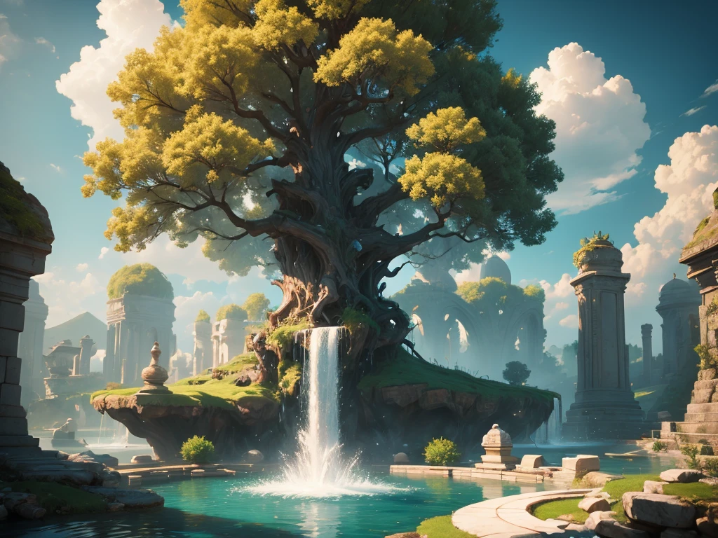There is a tree in the middle of the fountain, a sacred golden tree, from the bottom of which water comes out, 3D rendering, fantasy tree, surreal concept art, highly detailed surrealism, 8K surrealism, fantasy style 8K octane display, Artgem and Beeple masterpiece, 4K highly detailed digital art, surrealism 4K, highly detailed 8K concept art