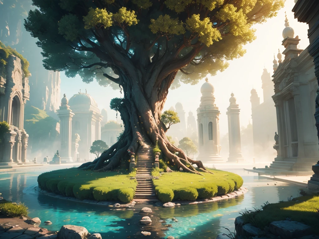 There is a tree in the middle of the fountain, a sacred golden tree, from the bottom of which water comes out, 3D rendering, fantasy tree, surreal concept art, highly detailed surrealism, 8K surrealism, fantasy style 8K octane display, Artgem and Beeple masterpiece, 4K highly detailed digital art, surrealism 4K, highly detailed 8K concept art
