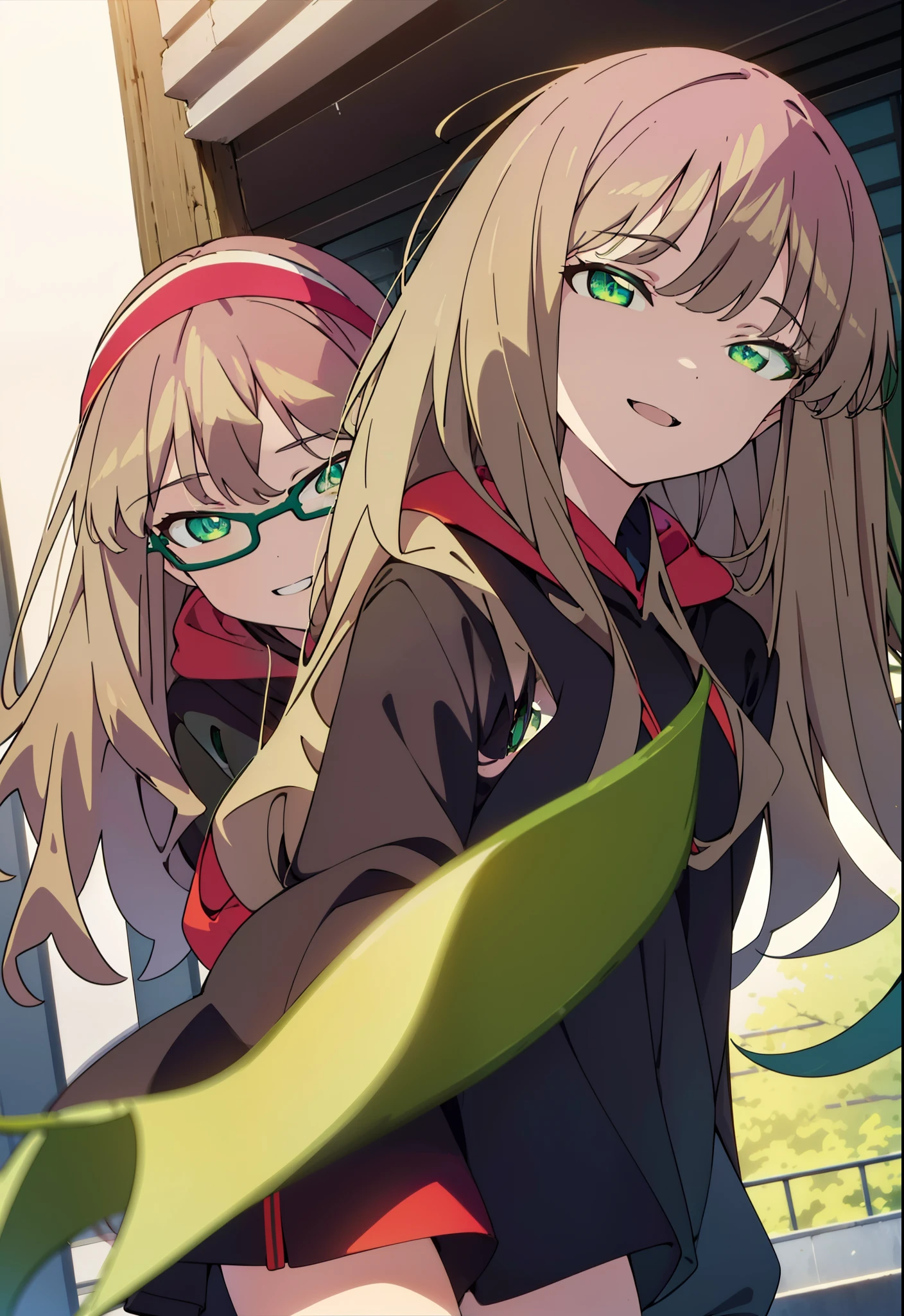 minami yume ,sss Dynazenon ,Long Hair, Brown Hair, (Green Eyes:1.5) ,Center of chest,hair band,happy smile, smile, Open your mouth, Black-rimmed glasses,Oversized red hoodie,Blue long skirt,short boots,Walking,whole bodyがイラストに入るように
break looking at viewer, whole body,(Cowboy Shot:1. 5),
break outdoors, Building district,
break (masterpiece:1.2), Highest quality, High resolution, unity 8k wallpaper, (shape:0.8), (Beautiful and beautiful eyes:1.6), Highly detailed face, Perfect lighting, Extremely detailed CG, (Perfect hands, Perfect Anatomy),
