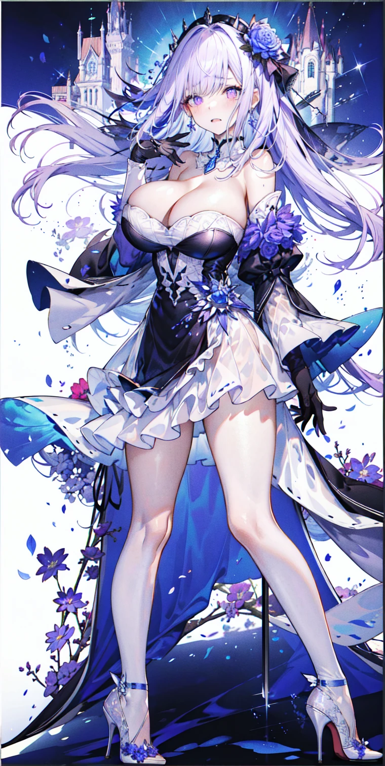 ((masterpiece:1.4,best quality)),(Super detailed),(Extremely detailed eyes),(Shiny socks:1.5),Hello Darkness
(Cute girls),,(Blood-red pupils,Diamond-shaped pupil:1.15),Purple Eyeshadow,(elongated hair,Thick hair,Single ponytail,shiny hair:1.5)(Changes through:1.2),despair,sad,Empty eyes,tears streaming down my face,tilting its head to the side,
(She wore a blue dress,:1.5),(Black gloves:1.4)Very long plush sleeves,White,White Cloud,Dream bubbles ,Ice and glitter effects
(Black long skirt:1.1),
((Starry Sky:1.2)),
(Intense black and white:1.16),(Depth of Field:1.4),,Intricate details,(((Detailed background,Castle in the Sky,Purple flowers by the lake))),(((Huge breasts,Bare breasts,Deep cleavage,White stiletto high heels,Transparent clothes)))