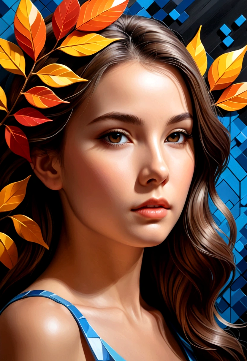 Digital 3dPixel Art,young lady leaves,abstract,Professional painting