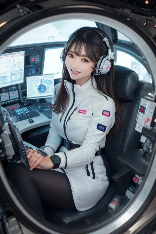 masterpiece, Highest quality, Very detailed, 8K Portrait,Japanese Android Girl,plump , Control panel,Robotic arms and legs, Blunt bangs,,break (Metallic Gray, Metallic luster, Mirror finish, Astro Best):5,headphone:5,break (Black sleeves):100,Smart Watches,Futuristic space station,Control Room,break headphone,blue eyes,(Black Hair):2,(Long Hair):1.3,Displaying the viewer,(respirator),break blush:3,Hidden Hand,smile