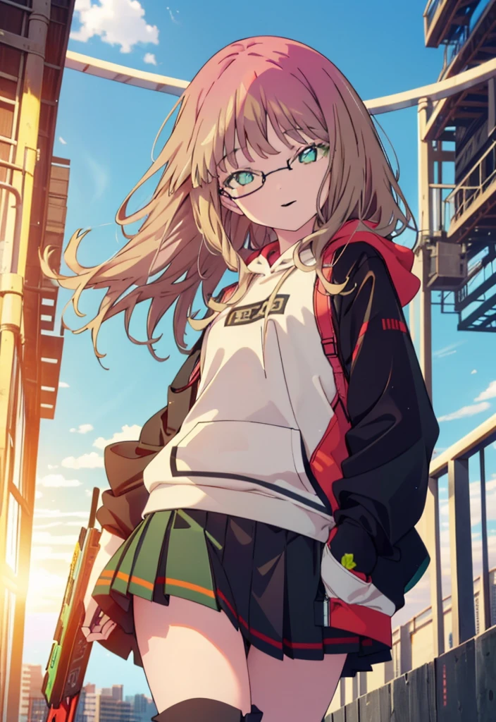 minami yume ,sss Dynazenon ,Long Hair, Brown Hair, (Green Eyes:1.5) ,Center of chest,hair band,happy smile, smile, Open your mouth, Black-rimmed glasses,Oversized red hoodie,Blue long skirt,short boots,Walking,whole bodyがイラストに入るように
break looking at viewer, whole body,(Cowboy Shot:1. 5),
break outdoors, Building district,
break (masterpiece:1.2), Highest quality, High resolution, unity 8k wallpaper, (shape:0.8), (Beautiful and beautiful eyes:1.6), Highly detailed face, Perfect lighting, Extremely detailed CG, (Perfect hands, Perfect Anatomy),