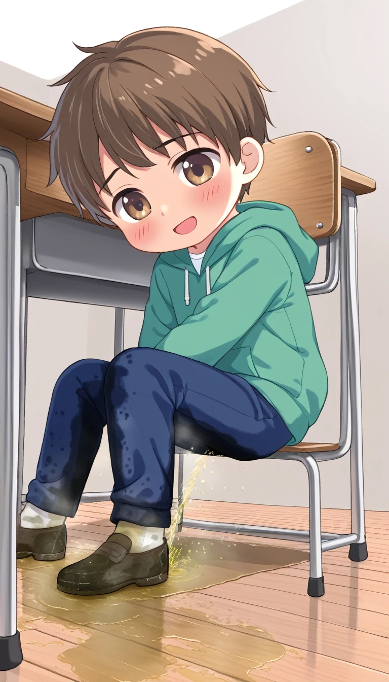 ((solo, 1boy, chibi, large head)), full body, green hoodie, blue pants, short hair, dark brown hair,, ((peeing self, wetting self, pee stains, puddle)),  seen from below, dynamic angle, blushing, sitting on school desk, classroom background