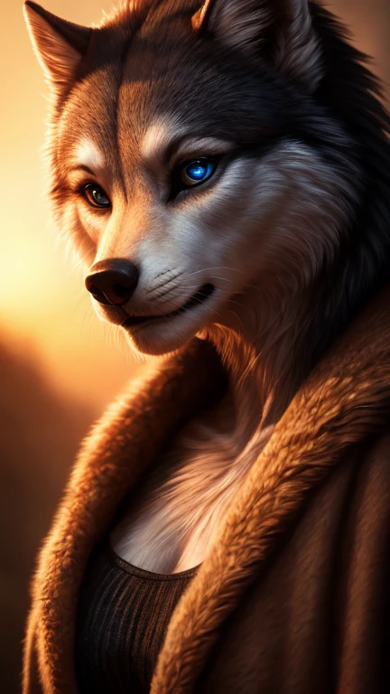 female artic wolf, freckles, bipedal, large chest, wearing black sweater, jeans, beautiful detailed eyes, beautiful detailed lips, extremely detailed eyes and face, long eyelashes, realistic, photorealistic, photo-realistic:1.37, (best quality,4k,8k,highres,masterpiece:1.2),ultra-detailed,(realistic,photorealistic,photo-realistic:1.37),fantasy,conceptart,cgsociety,cinematic lighting,dramatic lighting,warm color tones,depth of field,hyper detailed