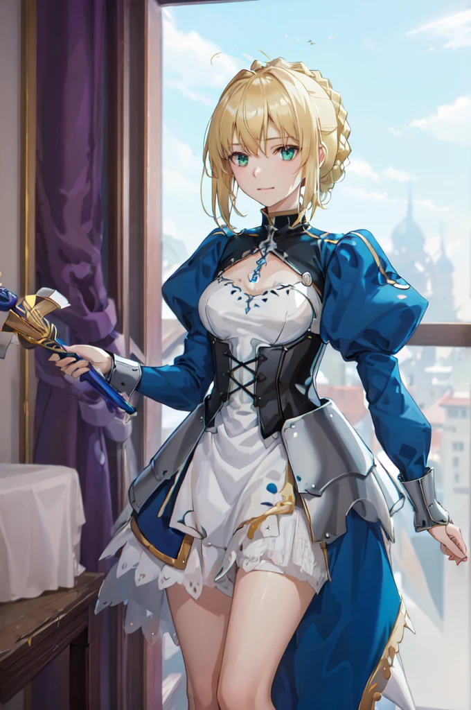 (work of art:1.4), (best qualityer:1.4), realisitic, 1 girl, artoria pendragon \(Destiny\), armors, (Excalibur \(Destiny/stay overnight\), elsword, holding elsword:1.1)