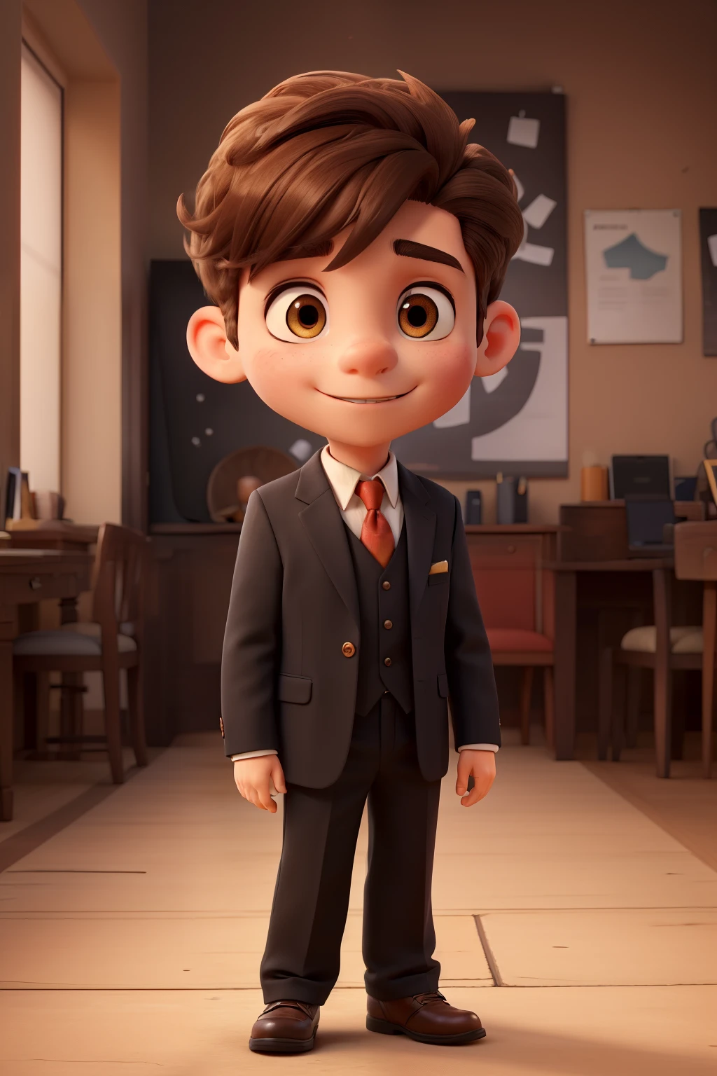 ((best qualityer)), ((work of art)), (detailded), in black suit, brown hair hairstyle, brown skin and brown eyes