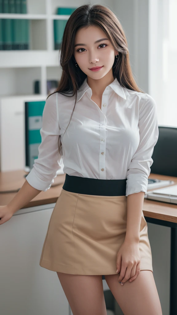 (1girl), (round eyes:1.2), (highly detailed face and eyes), smile, Amazing face and eyes, (Best Quality:1.4), (Ultra-detailed), (extremely detailed CG unified 8k wallpaper), Highly detailed, High-definition raw color photos, Professional Photography, Realistic portrait, Amazing face and eyes, indoors, office, (office lady, casual, mini Skirt:1.3), (A moment of relaxation), model, depth of fields, (fine face:1.2),