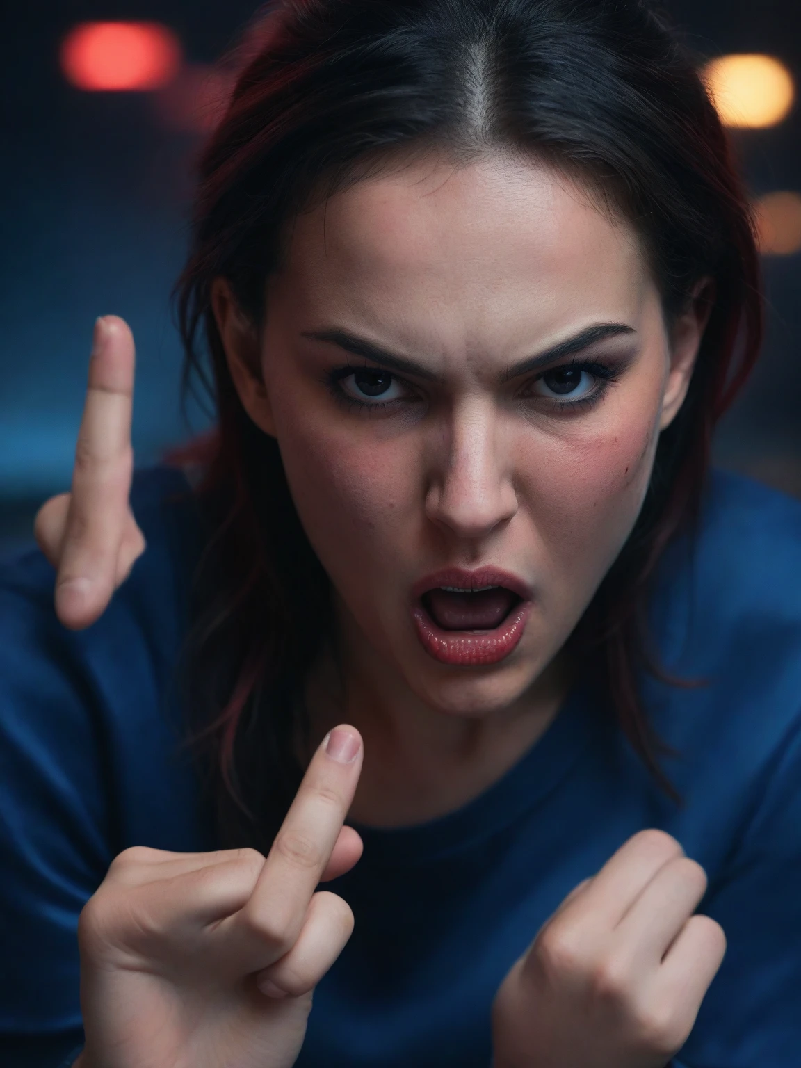 girl giving middle finger,extremely detailed face and body,extremely detailed skin,cinematic lighting,dramatic angry expression,blue and red color palette,dark moody atmosphere,uncropped raw render,hyperrealistic,hyperdetailed,highly detailed,minimalist,cinematic