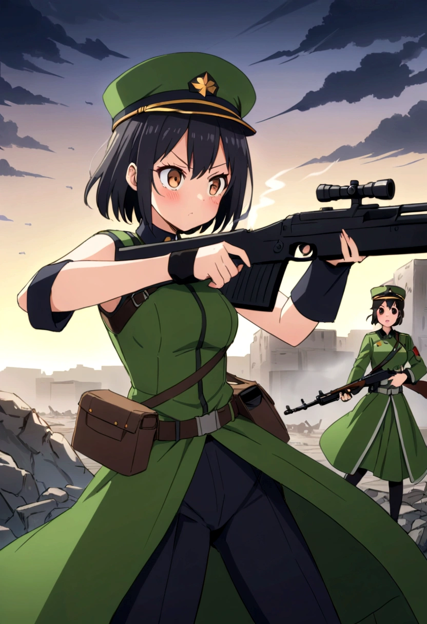 tankの砲塔を模した装具、Highest quality、high resolution、Detailed Description、Detailed Background、Accurate depiction、tank、tank娘、Personification、tankのPersonification、animeスタイル、anime、girl、uniform、battle服、military cap、battlefield、rubble、黒cigarette、cigarette、Hold the rifle、Black Short Hair、Sharp Eye、cute、night、battle