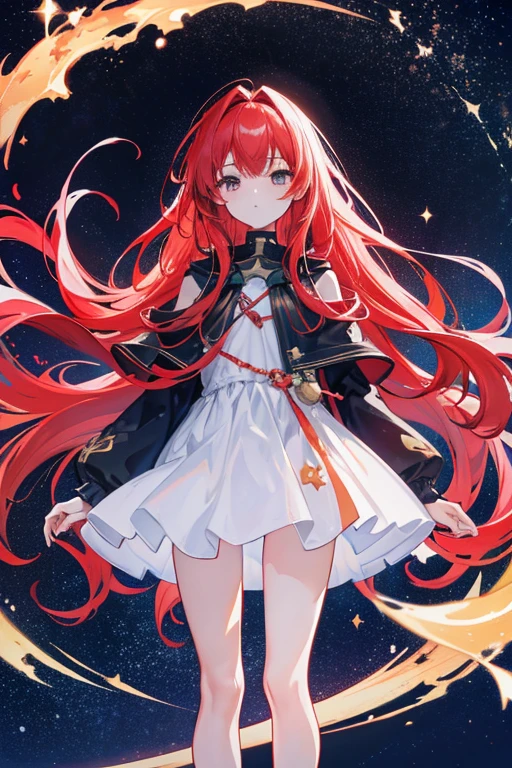 standing under a sky full of stars, nightcore, infinite astronomical library, best animation, 4k, girls, red hair, long hair, light brown eyes , flat chest , slim figure , about cosmic clouds , galactic background , cover art , (saturation), anime cover , astral witch's clothing , perfect anatomy