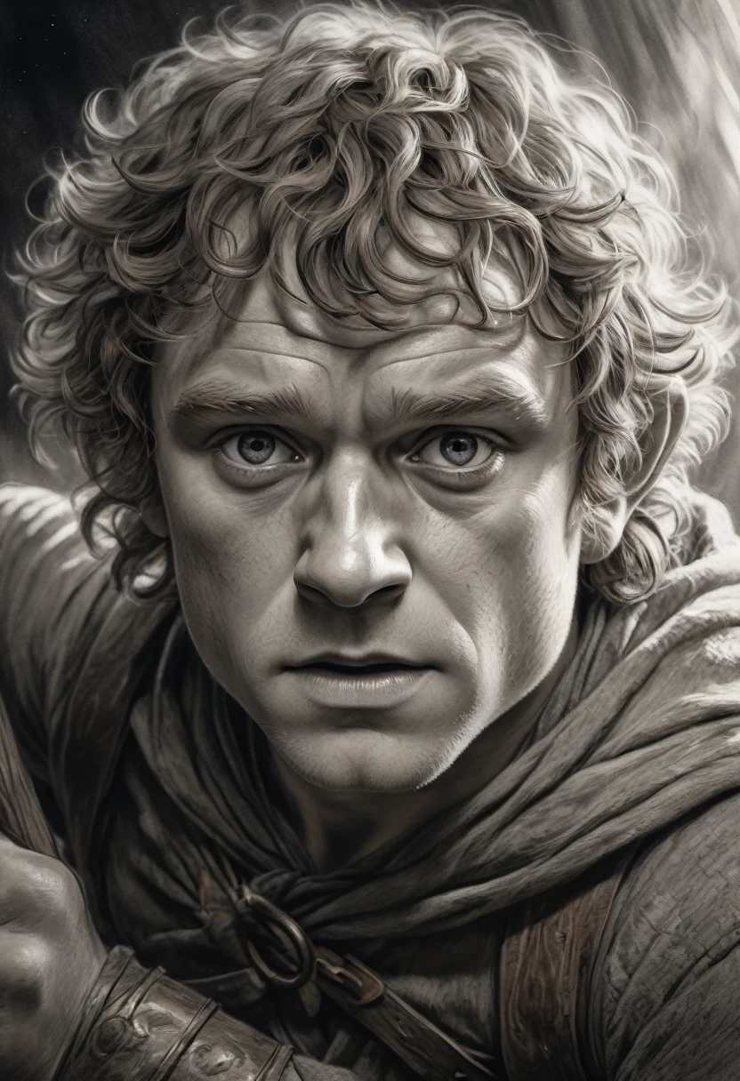 stunning black and white graphite sketch of Bilbo Baggins, up close shot, from The Lord Of The Rings trilogy, in dynamic pose, by Anna Razumovskay, (by Alyssa Monks:1.1), by Joseph Lorusso, by Lilia Alvarado, beautiful lighting, sharp focus, 8k, high res, (pores:0.1), (sweaty:0.8), Masterpiece, Nikon Z9, Award - winning photograph, --ar 16:9 --style raw --stylize 750 --niji 6, perfect composition, beautiful detailed intricate insanely detailed octane render trending on artstation, 8 k artistic photography, photorealistic concept art, soft natural volumetric cinematic perfect, wide angle view