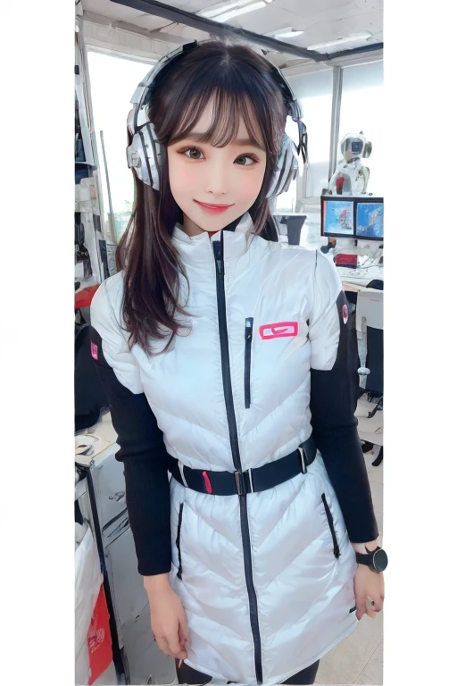 masterpiece, Highest quality, Very detailed, 8K Portrait,Japanese Android Girl,plump , Control panel,Robotic arms and legs, Blunt bangs,,break (Metallic Gray, Metallic luster, Mirror finish, Astro Best):5,headphone:5,break (Black sleeves):100,Smart Watches,Futuristic space station,Control Room,break headphone,blue eyes,(Black Hair):2,(Long Hair):1.3,Displaying the viewer,(respirator),break blush:3,Hidden Hand,smile