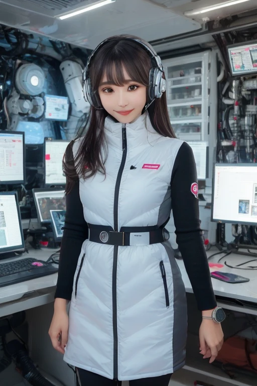 masterpiece, Highest quality, Very detailed, 8K Portrait,Japanese Android Girl,plump , Control panel,Robotic arms and legs, Blunt bangs,,break (Metallic Gray, Metallic luster, Mirror finish, Astro Best):5,headphone:5,break (Black sleeves):100,Smart Watches,Futuristic space station,Control Room,break headphone,blue eyes,(Black Hair):2,(Long Hair):1.3,Displaying the viewer,(respirator),break blush:3,Hidden Hand,smile