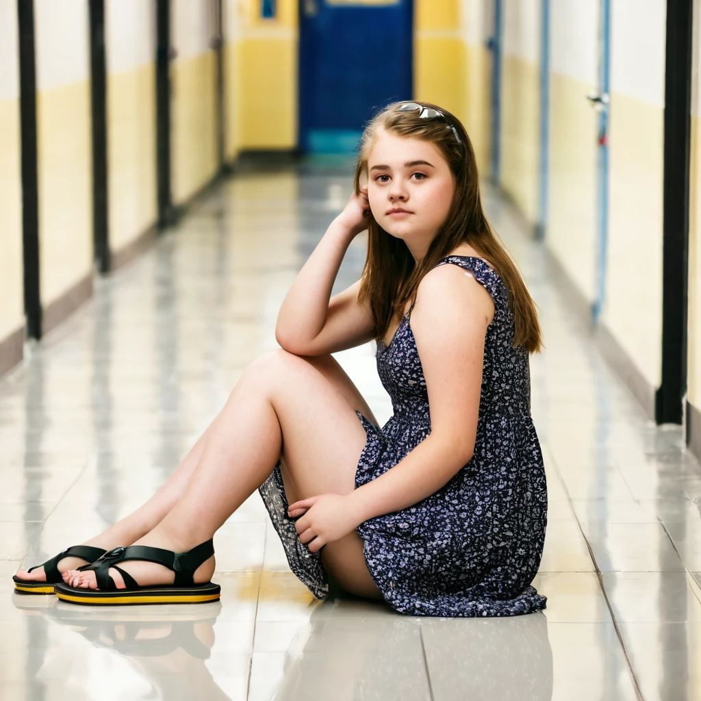 Chubby charming pale polish girl wearing sundress and black flip flops sits on the floor of school corridor