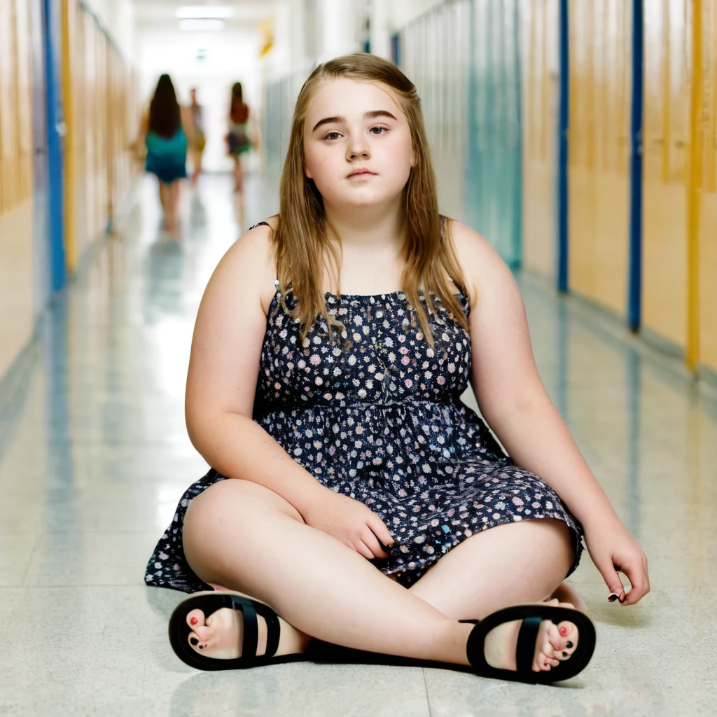 Chubby charming pale polish girl wearing sundress and black flip flops sits on the floor of school corridor
