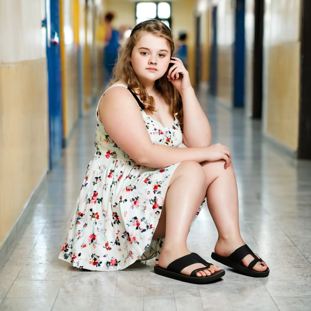 Chubby charming pale polish teen girl wearing sundress and black flip flops sits on the floor of school corridor 