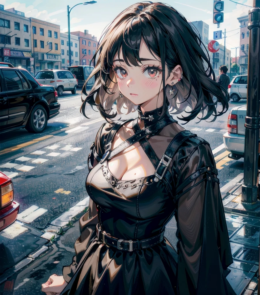 full body, photorealistic, solo, alone, delicate facial features, medium tits, medium hair, black hair, tearful mole, earring, dress, cleavage, street,