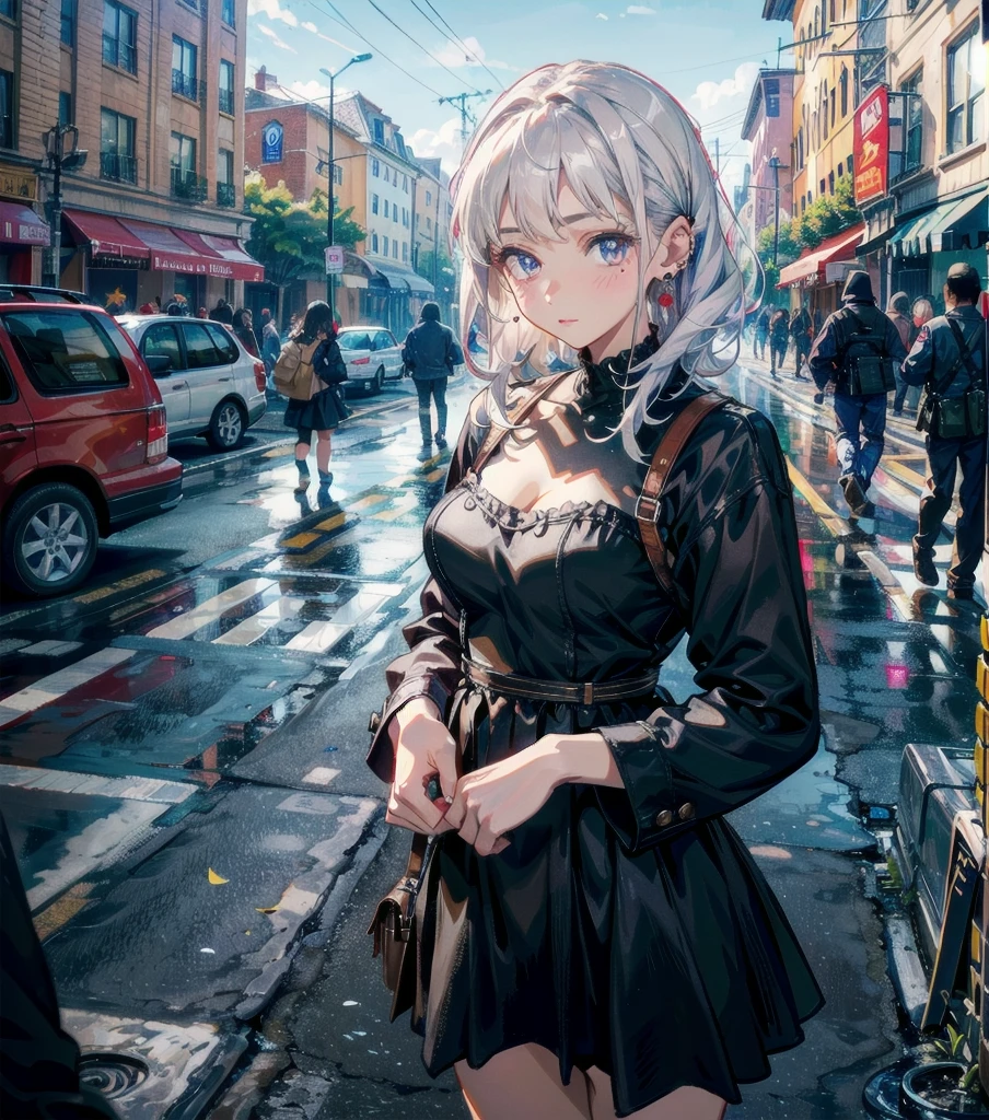 full body, solo, alone, delicate facial features, medium tits, medium hair, black hair, tearful mole, earring, dress, cleavage, street,