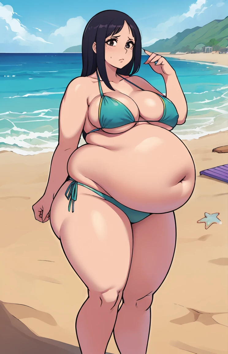 nico robin,beachfront,alone girl,bikini,fully body,overwhelmingly large belly,bloated belly,belly bloated,round belly,massive belly,bloated belly,incredibly small breasts,small breasts,six little,overwhelmingly large thighs,thick-thighs,